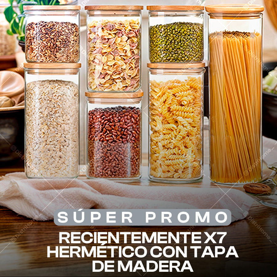 RECIPIENTES HERMETICOS x7 TAPA DE MADERA